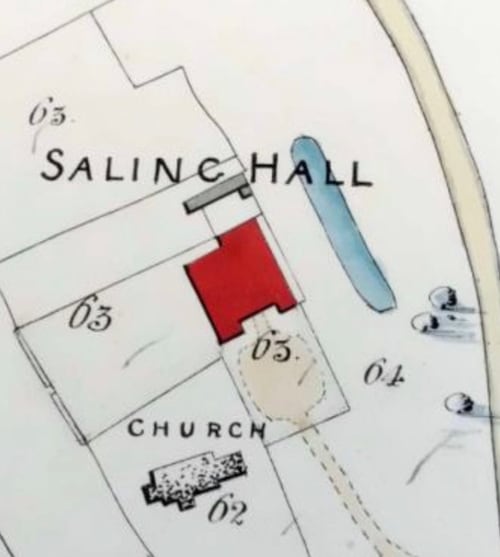 Historic map showing the extent of Saling Hall's garden in the early 1800s
